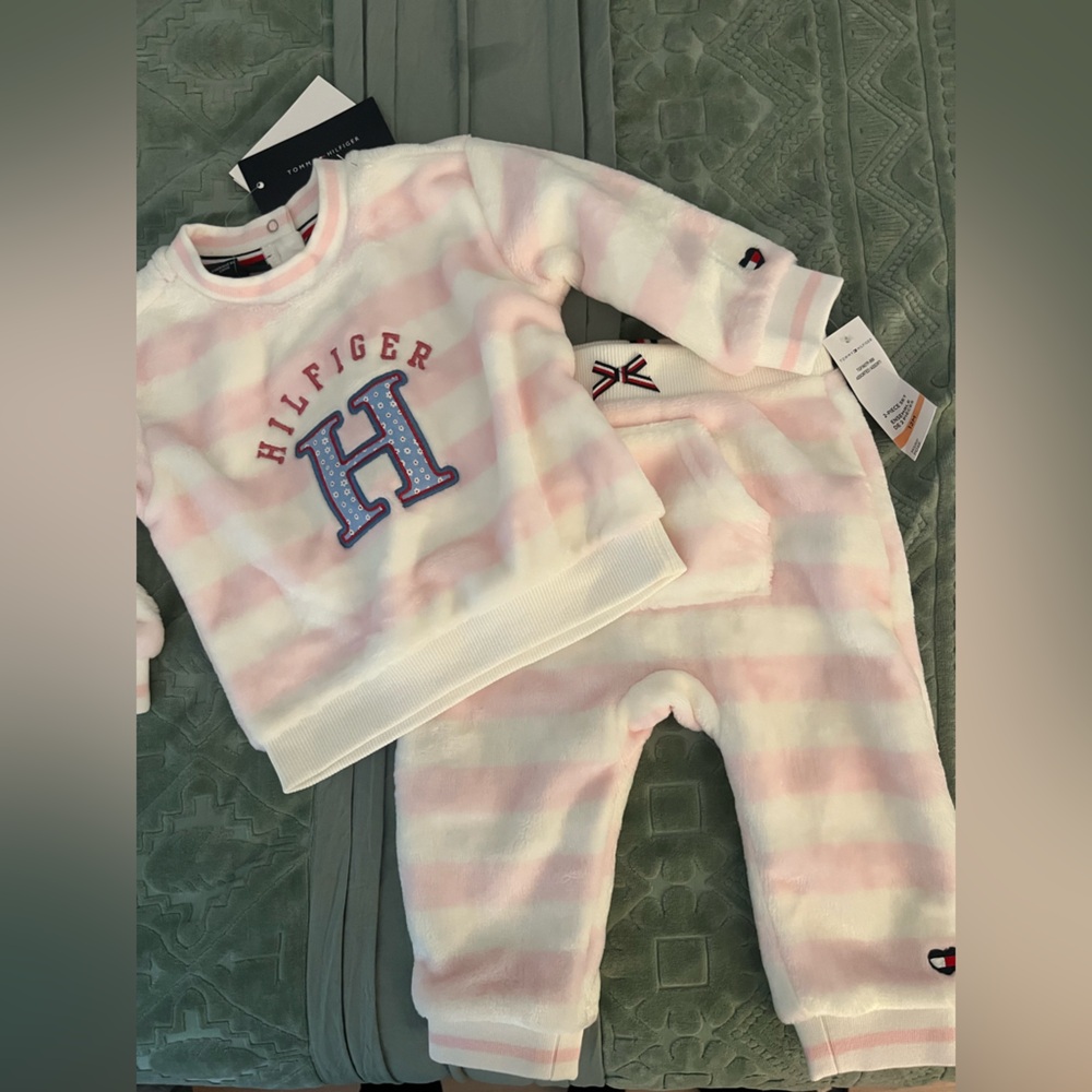 Tommy Hilfiger Pink & White Striped Fuzzy Two-Piece Set